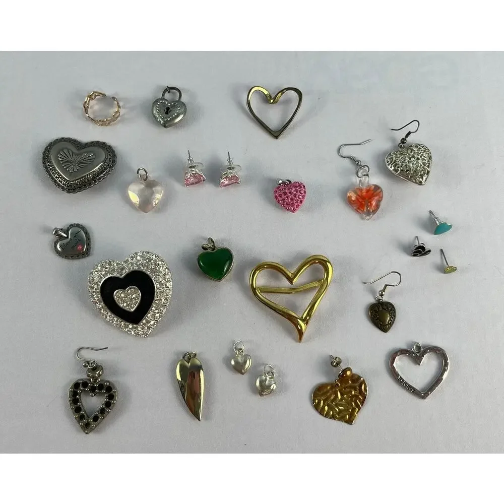 Y2K VTG and Modern Heart Jewelry Lot Rhinestone Pendants Earrings Brooches Craft
